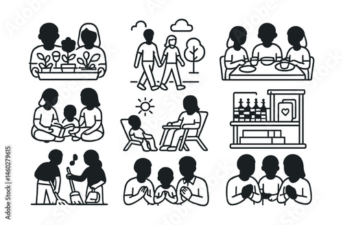 Line style icons of slow family moments: shared garden tray, unplugged family walk, dinner together board, storytime circle, no-schedule weekend icon, screen-free game shelf, joint chore with music,