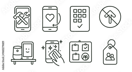 Line style icons of mindful tech consumption: repair instead of replace icon, long-use phone symbol, app with purpose card, don’t upgrade trend badge, ethical gadget shelf, screen-clean routine icon,
