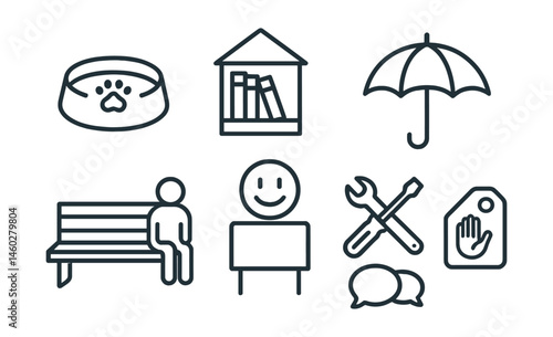 Line style icons of street-level human kindness: water bowl for pets, free library shelf, open umbrella share, sit with me bench icon, warm wall message, repair help notice, talk zone icon, “need