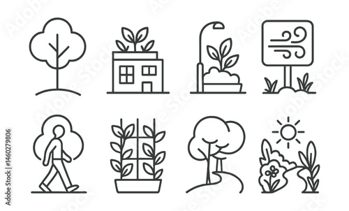 Line style icons of urban greenery and health: urban tree icon, rooftop garden plot, planter on sidewalk, clean air station, walk in green zone, vertical wall plant, shaded walking path, healing