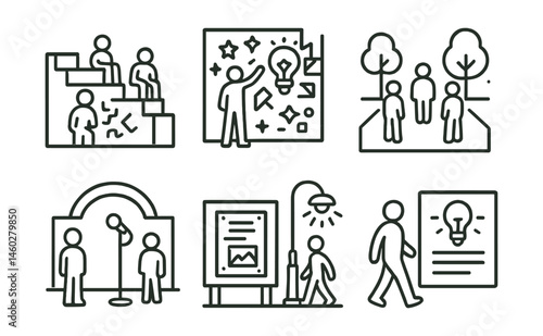 Line style icons of youth-friendly city design: hangout stairs icon, creative corner wall, skate-friendly path, small group plaza, open mic zone, post your art board, night-safe walk light, ideas