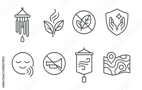 Line style icons of sound, smell, and care: soft chime pole, herbal scent path, scent-free zone sign, care for silence badge, calming tones icon, no honk zone, breeze bell banner, sound map mural.