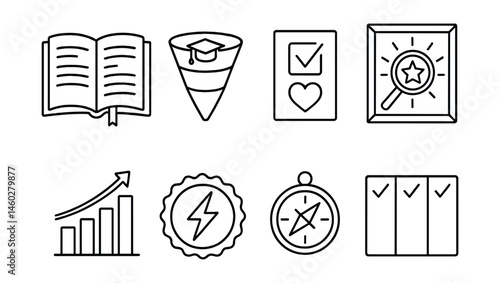 Line style icons of reflective teaching tools: after-class journal, teach-what-matters filter, value alignment card, strength lens board, feedback for growth chart, “what energized me” sticker,