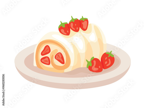 Creamy roll with a piece of strawberry. Flat vector, clipart illustration isolated on white background.