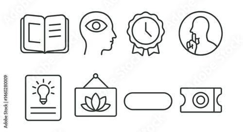 Line style icons of student reflection and pause: journal with space icon, visual thinking board, daily pause prompt, quiet before next activity badge, what I learned today card, mindful transition