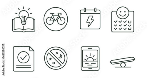 Line style icons of mindful time and energy: study with light icon, bike to class badge, energy-friendly schedule planner, calm focus habit tracker, one thing at a time card, no all-nighters poster,