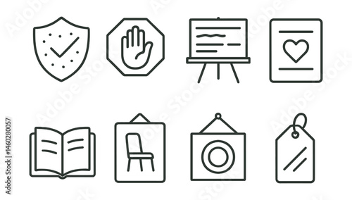 Line style icons of “enough” culture in school: content not clutter badge, stop at enough icon, deep not wide board, what matters most card, enoughness journal, be present poster, intention before