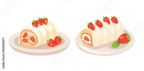 Creamy roll with a piece of strawberry. Flat vector, clipart illustration isolated on white background.