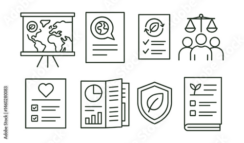 Line style icons of climate literacy on campus: carbon map board, climate talks poster, low-impact course flyer, climate justice group icon, eco values survey, infographic zine, sustainable major
