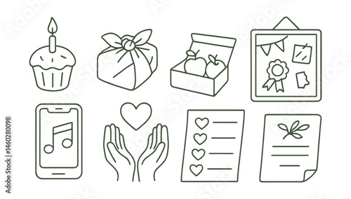Line style icons of sustainable celebrations: zero-waste birthday icon, handmade gift tag, local food treat box, decor from scraps board, shared playlist icon, donation instead of gifts sign,