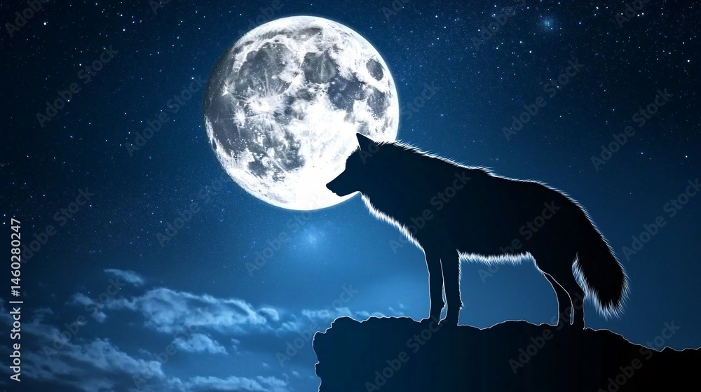 Obraz premium Serene Night Landscape Featuring a Wolf and a Full Moon