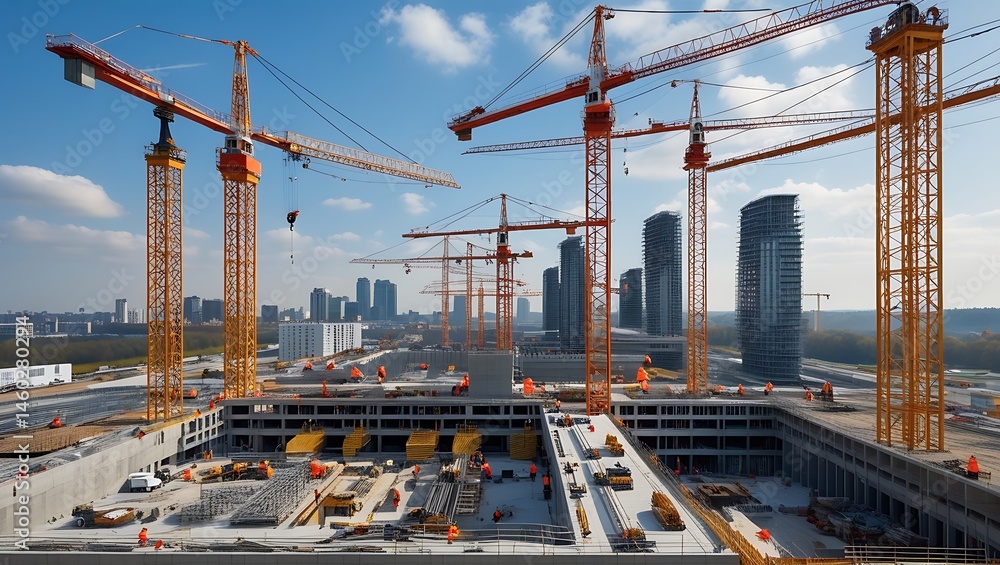 Naklejka premium Vibrant view of large construction site featuring multiple towering cranes
