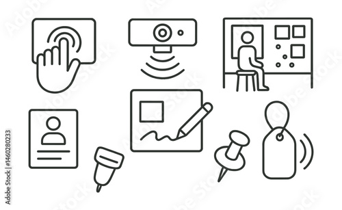 Line style icons of interactive art spaces: touch zone hand icon, motion sensor camera, video booth, participation board, visitor response card, draw-your-response board, “add to wall” pin,