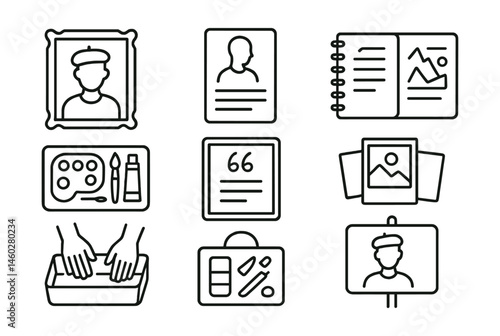 Line style icons of artist-centered exhibits: self-portrait frame, artist bio panel, sketchbook page, studio tools tray, artist’s quote board, process photos icon, hands-on materials zone, “meet the