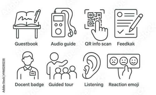 Line style icons of visitor interaction elements: guestbook table, audio guide device, QR info scan, feedback form icon, docent badge, guided tour group, listening earpiece, reaction emoji board.