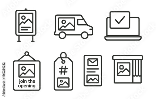 Line style icons of public exhibition outreach: city poster board, mobile ad van, online RSVP icon, press kit folder, “join the opening” sign, exhibit hashtag tag, newsletter invite card, photo booth