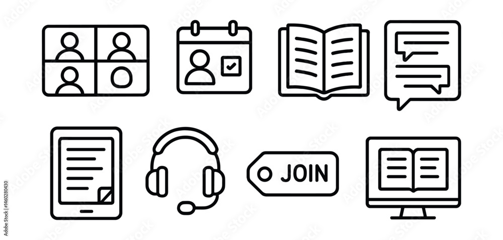 Line style icons of virtual book clubs: video chat window, online meeting calendar, digital book icon, chat message board, e-book reader device, headphones and mic, “join link” tag, screen with open Line style icons of virtual book clubs: video chat window, online meeting calendar, digital book icon, chat message board, e-book reader device, headphones and mic, “join link” tag, screen with open