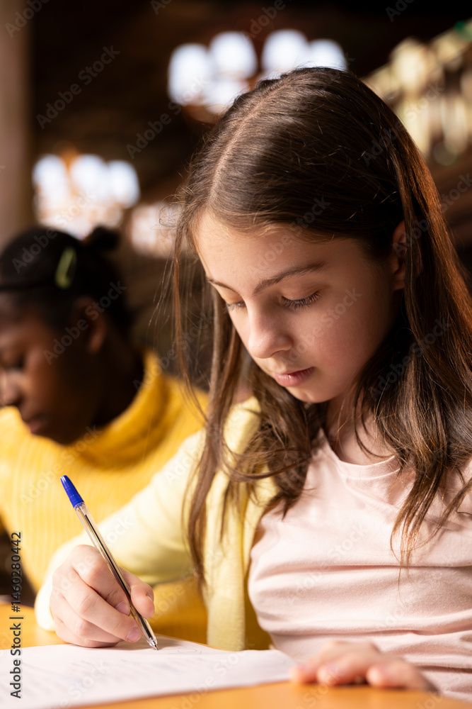 Diverse schoolgirls writing essays in a library in order to finish their homework assignments, descriptions to showcase creativity and imagination skills for the literature class. Academic growth.