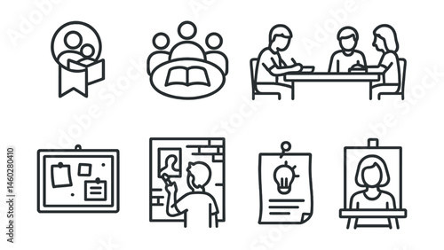 Line style icons of community library programs: parent-child reading badge, book club circle, homework help desk, language exchange table, community board icon, teen art wall, skills workshop flyer,