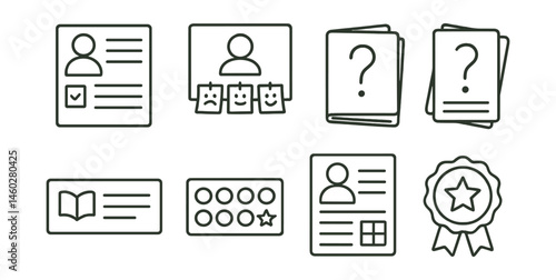 Line style icons of library user engagement: user suggestion form, feedback board, question card stack, reading log booklet, “recommend a book” slip, sticker reward card, reader profile sheet,