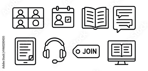 Line style icons of virtual book clubs: video chat window, online meeting calendar, digital book icon, chat message board, e-book reader device, headphones and mic, “join link” tag, screen with open