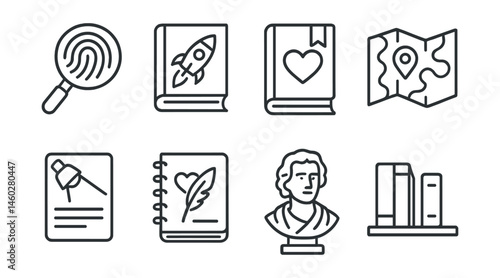 Line style icons of genre-based clubs: mystery clue icon, sci-fi rocket book, romance heart bookmark, fantasy world map, nonfiction spotlight card, poetry notebook, classic author statue, new release
