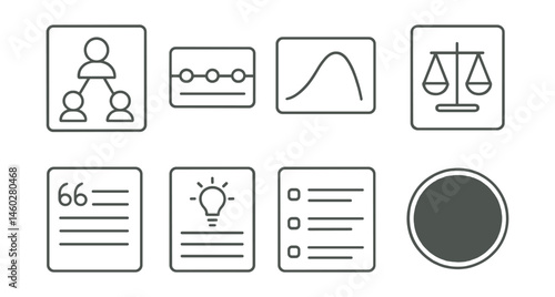 Line style icons of themed discussion aids: character map page, timeline chart icon, plot arc diagram, moral dilemma card, favorite quote card, author insight handout, discussion starter sheet,