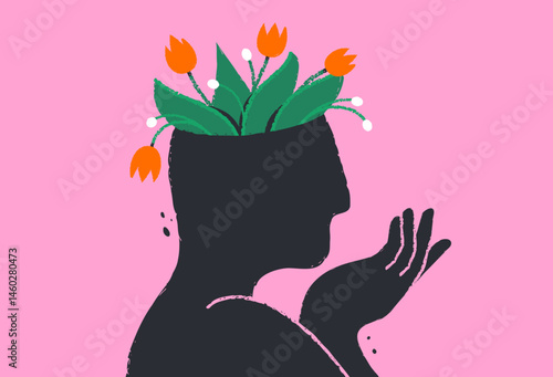 Mental health, positive thinking, psychology. Head with blooming flowers. Selfcare, wellness, therapy concept. Inner peace, positive mindset, self growth. Abstract isolated vector illustration