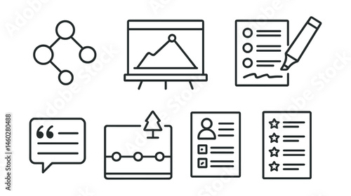 Line style icons of literary analysis tools: character map chart, plot structure board, theme exploration page, symbol highlight pen, quote annotation icon, setting timeline, reader response form,