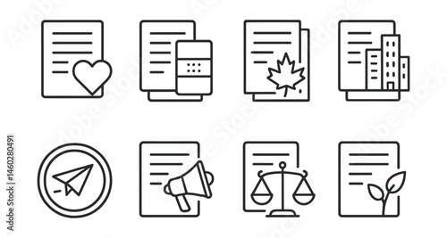Line style icons of themed poetry kits: love poem bundle, grief and healing card set, seasonal poetry pack, city life poems sheet, travel and motion badge, youth voice pack, justice and rights icon,
