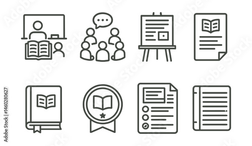 Line style icons of literature education: classroom novel set, discussion circle icon, essay outline board, assigned reading sheet, literature logbook, oral presentation badge, test with passage,