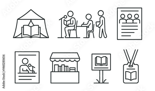 Line style icons of literary festivals: book tent icon, open stage reading, author signing line, literature panel flyer, poetry slam poster, vendor booth with books, story walk station, festival