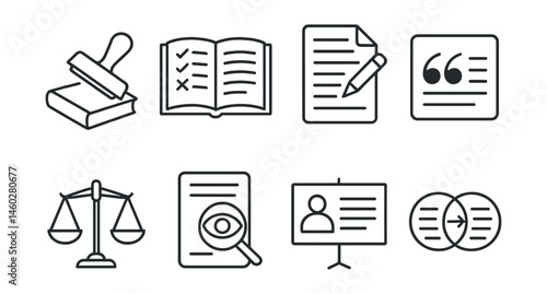Line style icons of literary criticism: book review stamp, critique notes margin, editorial essay page, quote in context icon, balanced analysis scale, interpretive lens card, reading vs meaning
