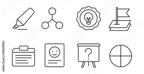Line style icons of reading comprehension symbols: text highlight tool, infer and connect chart, central idea badge, text evidence flag, vocabulary box, “what I think” card, comprehension question