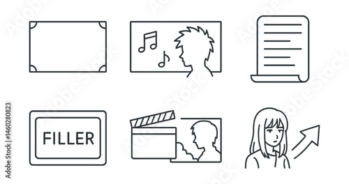 Line style icons of anime episodes and structure: episode title card, opening theme panel, end credits scroll, recap scene tag, filler episode symbol, flashback cue board, ending still shot,