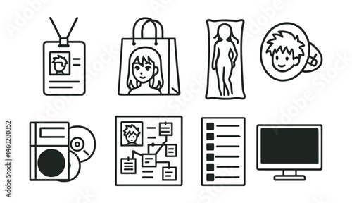 Line style icons of anime fandom and culture: anime expo pass, anime merch bag, body pillow silhouette, character badge pin, OP/ED CD set, fan theory board, watchlist chart, community streaming