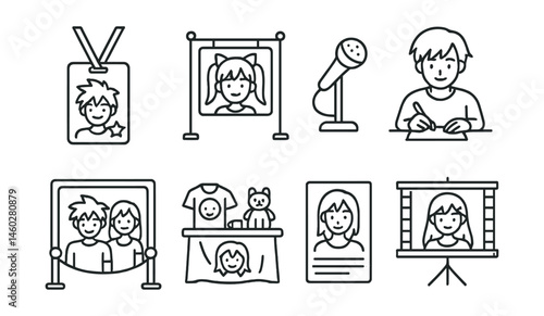 Line style icons of anime cons and events: fan badge pass, cosplay zone sign, creator panel mic, voice actor signing icon, fan photo area, merch table banner, meet-the-artist flyer, anime screening