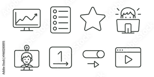 Line style icons of anime viewer habits: binge-watch chart, episode queue list, favorite rating star, late night screen glow, reaction video setup, rewatch counter, OP skip toggle, streaming service