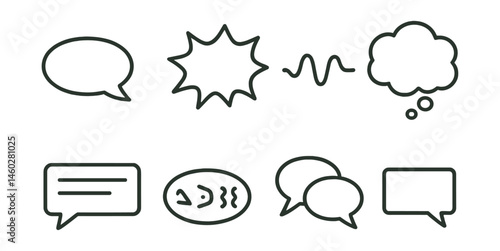 Line style icons of comic dialogue types: whisper bubble, shout bubble, radio wave line, inner voice cloud, translated caption box, alien language glyph, overlapping chatter icon, dialogue tag.