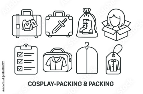 Line style icons of cosplay transport and packing: suitcase with costume label, prop protector case, shoe bag icon, wig head in box, checklist for travel, carry-on costume kit, garment bag icon,