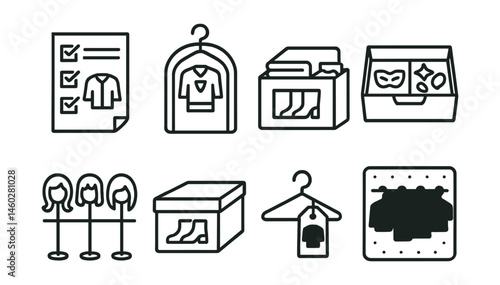 Line style icons of cosplay wardrobe organization: costume checklist sheet, labeled outfit bag, storage box with parts, accessory drawer icon, color-coded wig rack, shoe box with image, hanger with