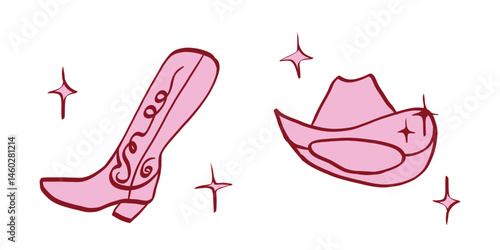 Cowgirl shoes in whimsical line art style. Cowboy western symbol for girls bachelorette. Trendy and coquette drawing for invitation and banner for holidays. Doodle vector illustration