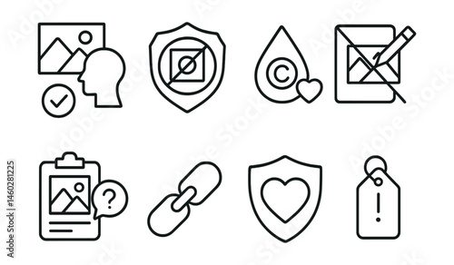 Line style icons of protective and ethical art sharing: credit original artist icon, no repost without permission badge, watermark with respect sign, tracing not allowed icon, ask before edit board,