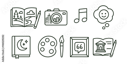 Line style icons of creative inspiration sources: nature walk sketch, city view camera, mood from music note, memory bubble, dream journal icon, feelings palette, quote on wall, museum sketchpad.