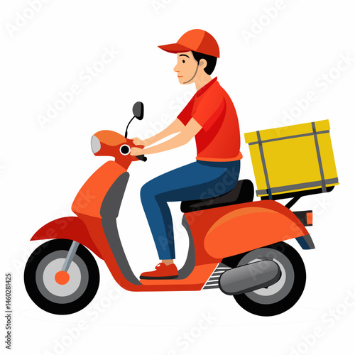 Courier rides on scooter. Express delivery motorcycle service. Online restaurant order food service,fast food. Isolated vector illustration on white background. Side view
