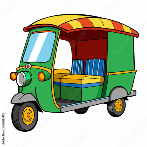 A colorful transport tuk tuk, showcasing a popular mode of transport in many Asian cities. Suitable for children's books, sticker, mascot, logo.Isolated vector illustration on  white backgroud