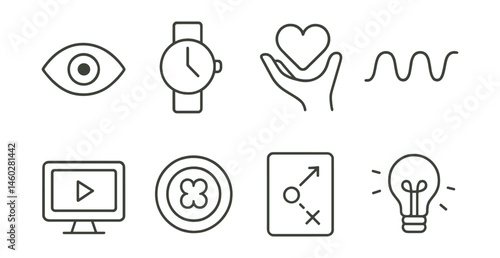Line style icons of creative flow state: focus eye icon, losing track of time watch, connected heart + hand, uninterrupted wave symbol, “in the zone” screen, calm + alive badge, process over result