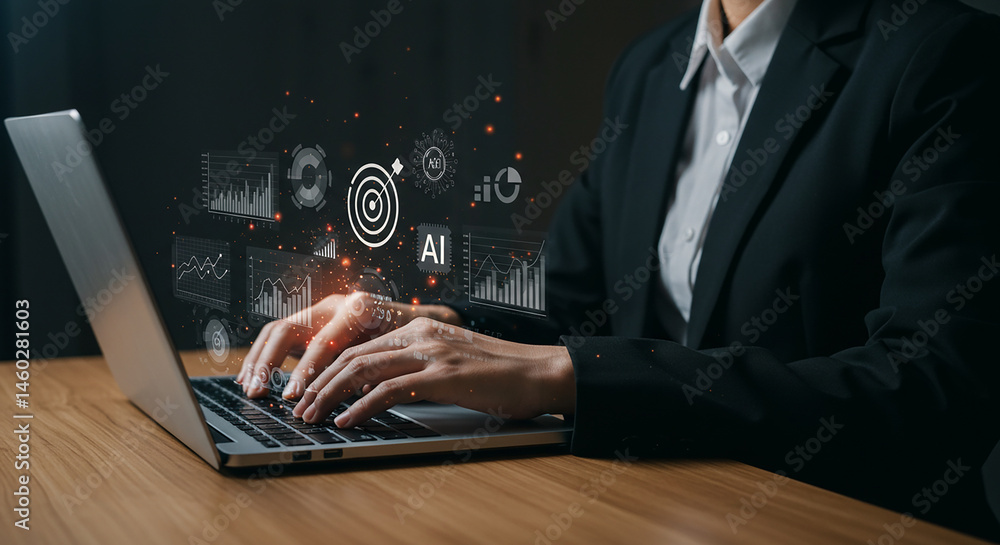 Person typing on laptop with ai data visualizations overlayed on the screen in a dark setting real estate business ,technology ,selling ,purchasing ,agreement Person typing on laptop with ai data visualizations overlayed on the screen in a dark setting real estate business ,technology ,selling ,purchasing ,agreement