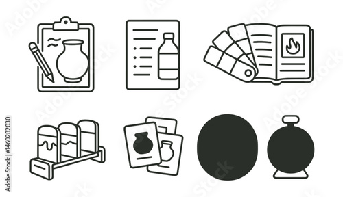 Line style icons of ceramic artist habits: sketch-to-clay board, glaze notes sheet, color swatch book, kiln log entry, test tile rack, glaze combo cards, “clay every day” badge, throwing timer.