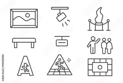 Line style icons of art gallery interiors: framed painting on wall, gallery spotlight, sculpture on pedestal, visitor bench, exhibition label, clean floor icon, guided tour group, artwork spacing